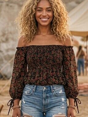 American Eagle Smocked Floral Off the Shoulder Blouse XS K1